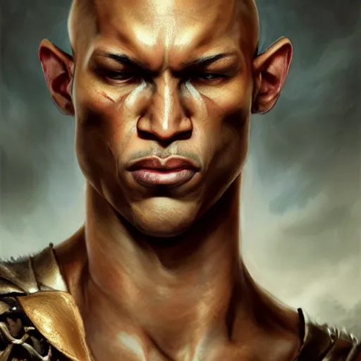 Image similar to portrait of a slender mulatto warrior with angry face. Epic fantasy. hyperrealism. symetric face cinematic top lighting, insanely detailed and intricate, face by wlop, Frank frazeta, Lucas Graciano Boris Vallejo. Character Art. High Fantasy. golden ratio, symmetric matte painting, cinematic, trending on artstation, deviantart and cgsociety, 8k, high resolution