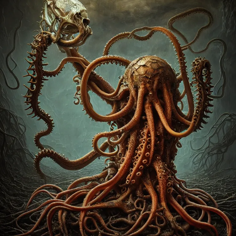 Prompt: ribbed abandoned alien, covered with tentacles, spines, roots, holding colorful squid, baroque painting, standing in a desolate empty wasteland, creepy, nightmare, dream-like heavy atmosphere, surreal abandoned buildings, beautiful detailed intricate insanely detailed octane render trending on Artstation, 8K artistic photography, photorealistic, chiaroscuro, Raphael, Caravaggio, Beksinski, Giger