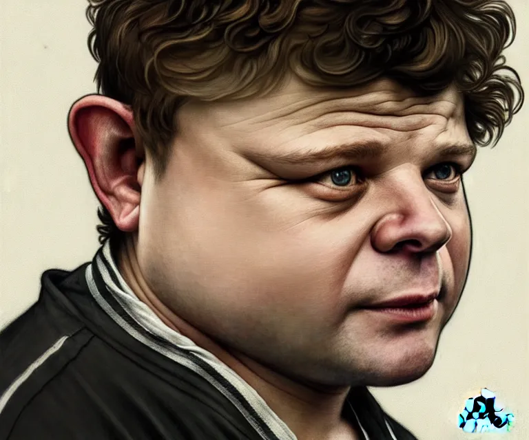 Image similar to a detailed fifty mm portrait of sean astin as a hobbit in a black adidas track suit with white stripes, headshot, highly detailed, digital painting, artstation, concept art, sharp focus, cinematic lighting, illustration, art by met mangindaan, artgerm and greg rutkowski, alphonse mucha, cgsociety