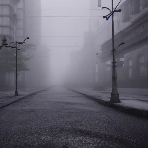 Image similar to silent hill one foggy streets, realistic, 4 k