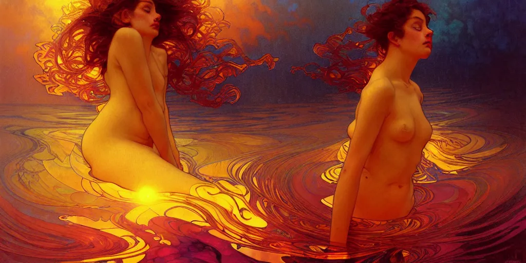 Image similar to transcendent mind bending indigo waves of glossy psychedelic liquid honey flowing like kaleidoscopic translucent amber, lsd waves, honey ripples, enlightenment, dramatic professional lighting, refracted sunset lighting, art by collier, albert aublet, krenz cushart, artem demura, alphonse mucha