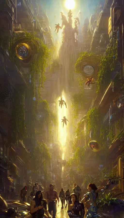 Prompt: hyper realistic aliens battling a golden goddess in a cyberpunk city, crowded market street overtaken by lush plants, kittens, full moon, light rays, gnarly trees by tom bagshaw, mucha, gaston bussiere, craig mullins, j. c. leyendecker 8 k