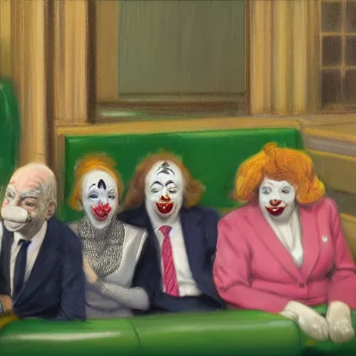 Prompt: a highly detailed beautiful portrait close up hyper realistic photograph of british members of parliament in the house of commons wearing pastel coloured clown costumes with pleasant oversized joyful faces, they are smoking. in the style of edward hopper, richard hamilton. concept art. green leather benches. photographic. concept. crisp digital art. no artefacts. desaturated. high fidelity facial portrait. 8 k