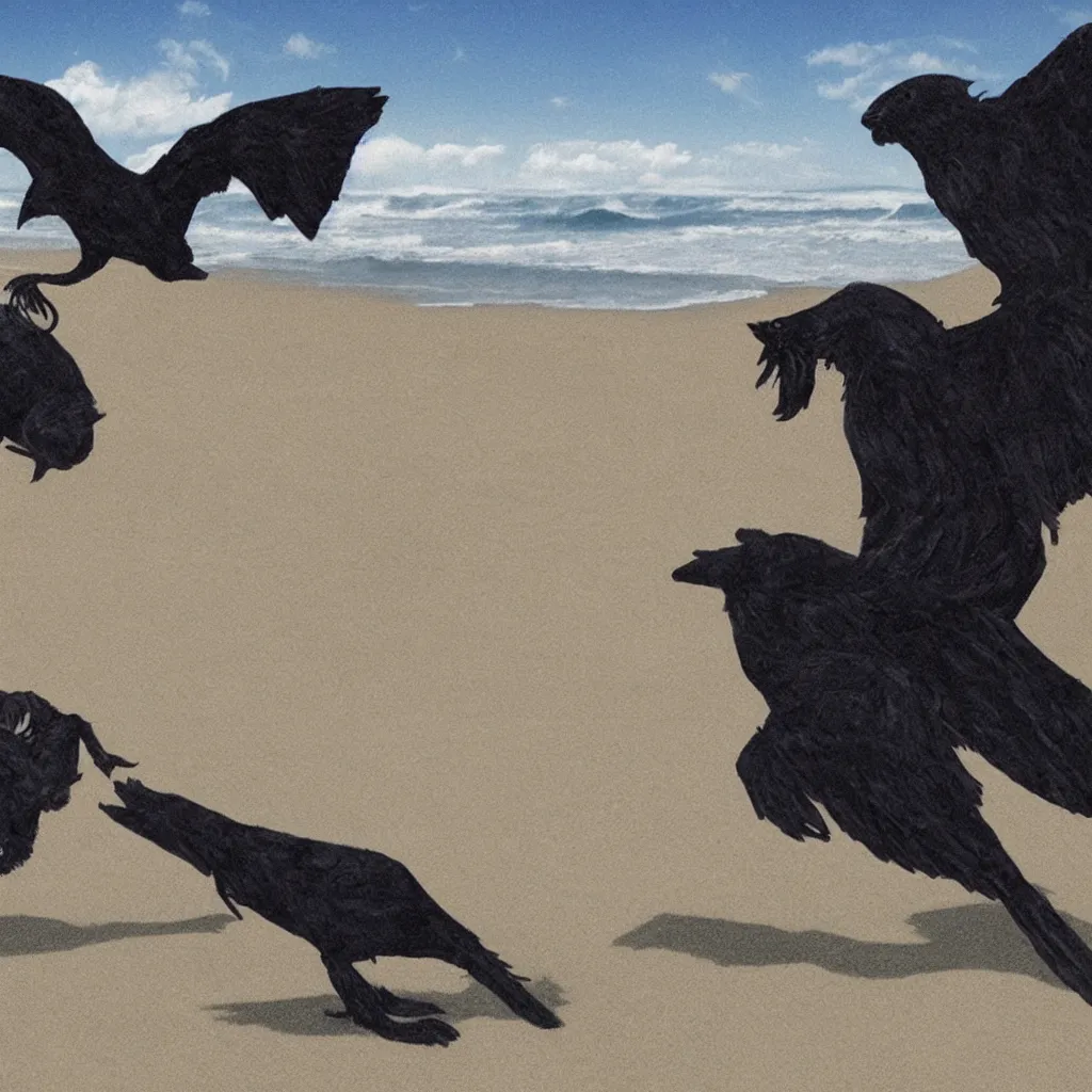 Prompt: detailed image of death walking with a black cat comforting a raven on the beach