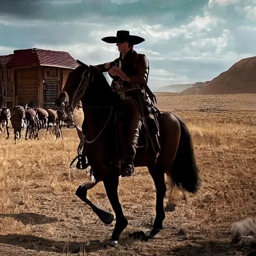 Image similar to screenshot of the lone ranger walking ont a tv film set with a film crew, behind the scenes, 2 4 mm lens, directed by wince mcstevens, tense scene, moody dramatic light