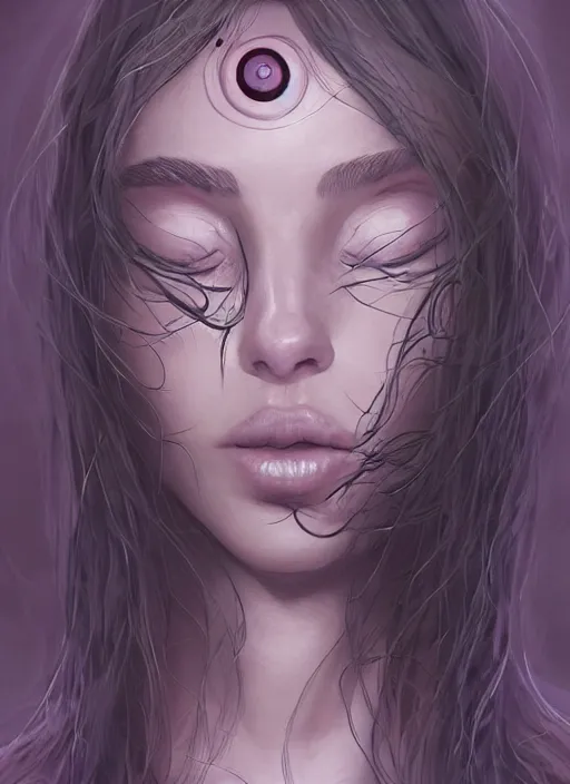 Image similar to a beautiful, unique, strange, mysterious woman, blinking. [[[[[[closing]]]]]]] and opening her eyes, amazing, stunning artwork, featured on artstation, cgosciety, behance