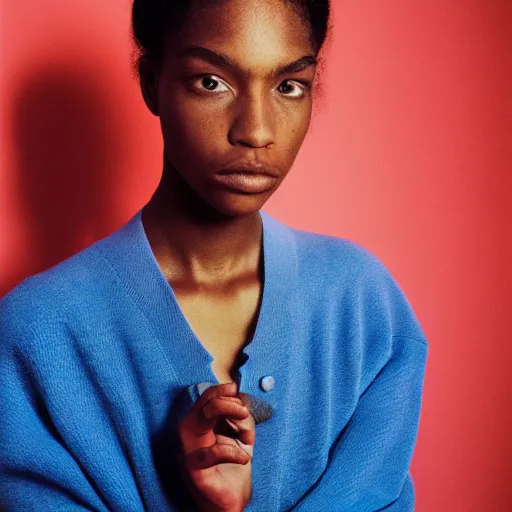 Image similar to realistic photoshooting for a new balenciaga lookbook, color film photography, portrait of a beautiful woman, location in a set design by james turrell, in style of Tyler Mitchell, 35mm,