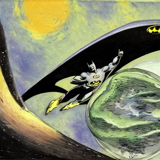 Prompt: batman surfing across the infinite cosmos, surfboard, grand scale, painting by h. g. giger