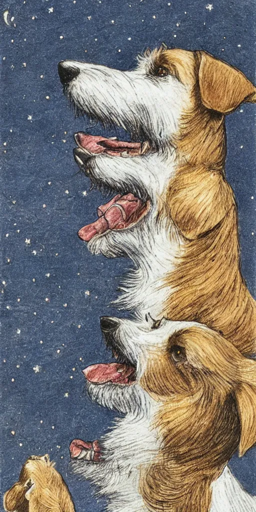 Image similar to portrait of jack russel dog looking up and howling with mouth open sad, night sky, highly detailed, side view, illustrated by peggy fortnum and beatrix potter and sir john tenniel