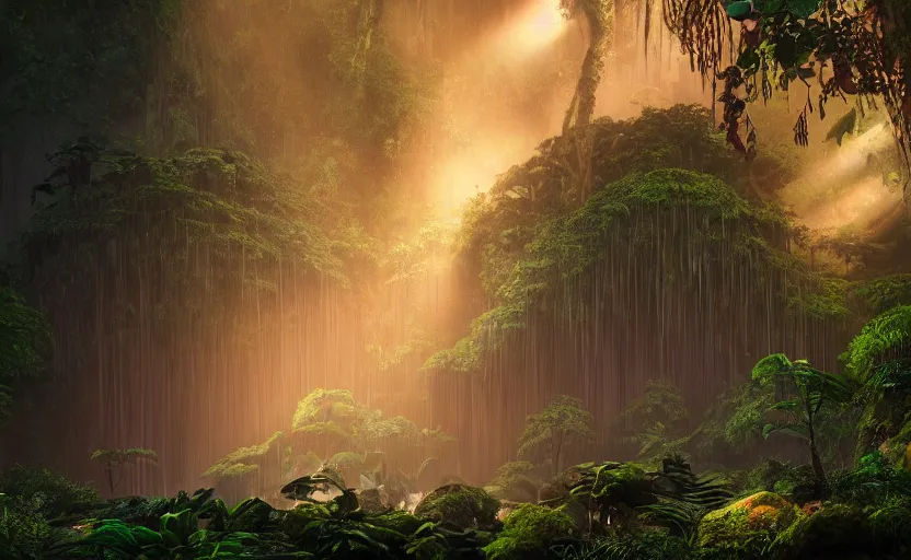 Image similar to a beautiful render of a dark prehistoric rainforest in a humongous cave, lush flora, patches of yellowish - red - magenta sky, sunset lighting, fireflies, floating mountains and a waterfall in the background, intricate detail, hazy, humid, volumetric lighting, god rays, 8 k, photorealistic, raytracing effects, unreal engine 5