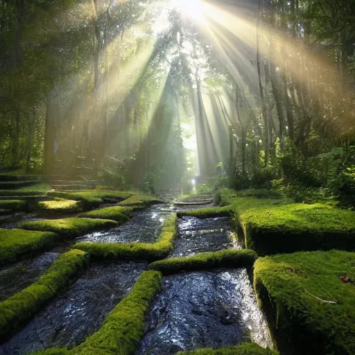 Image similar to sun beams god ray into a forest grove, little gnomes, wooden moss covered houses, birds, flowing streams, cobblestone, windows lit up, thatched roofs, smoke puffing from chimneys, great forest trees, beautiful flowers, magical sunlight, yoshitaka amano, stunning, trending, best ever,