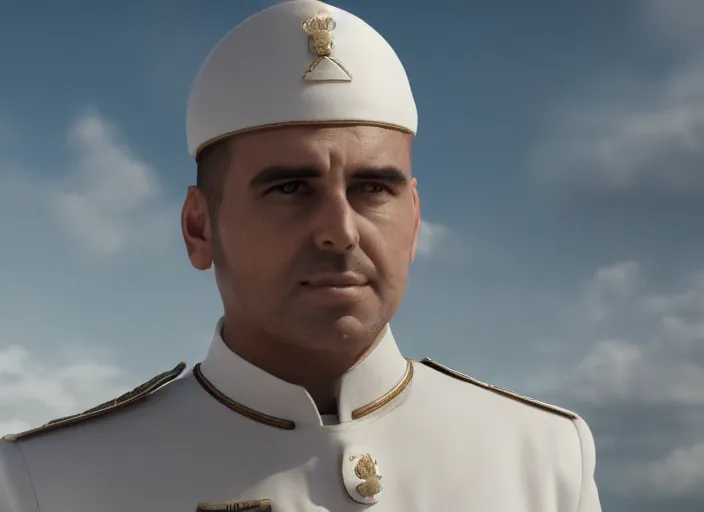 Image similar to proud man wearing a white tunic uniform, tab collars, no medals, no epaulette, his arms are behind his back, ultra realistic, 4 k, movie still, uhd, sharp, detailed, cinematic, render, modern