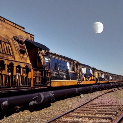 Image similar to steampunk train flying towards the moon