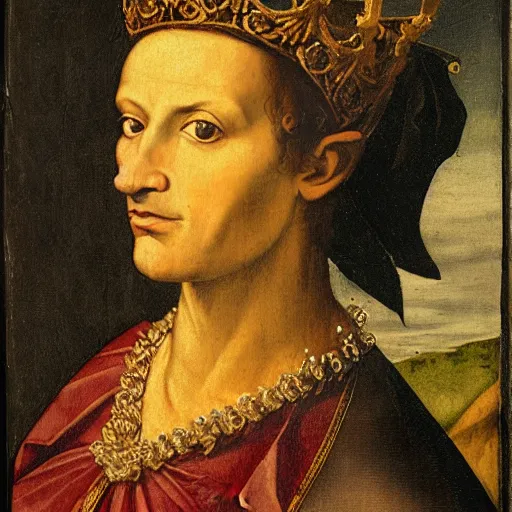 Image similar to renaissance style portrait of a rupicapra rupicapra wearing a crown and a cape, dark background