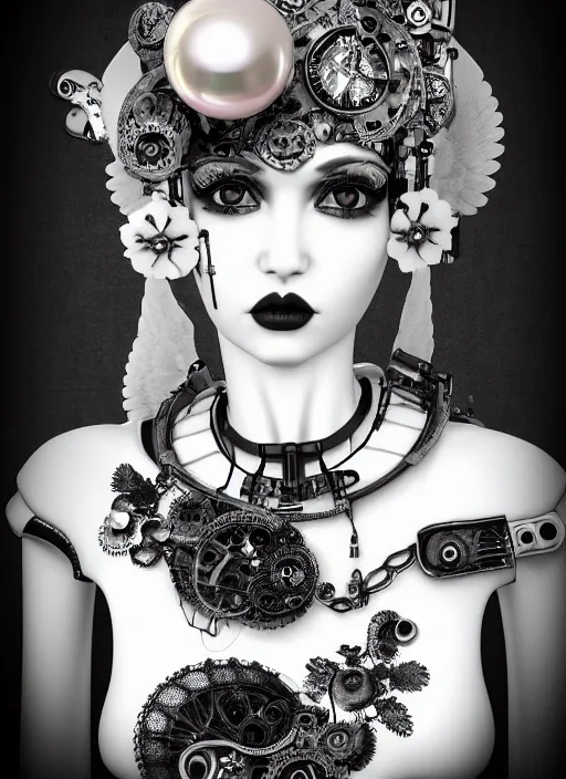 Prompt: black and white dreamy profile face portrait, one silver steampunk eye biomechanical beautiful angelic young female cyborg - robot - doll bust, body ribs meshes,, volumetric light, hibiscus flowers, rim light, big gothic fashion pearl embroidered collar, 1 9 3 0, 8 k