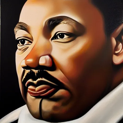 Image similar to hyper realistic oil painting martin luther king in the style of caravaggio