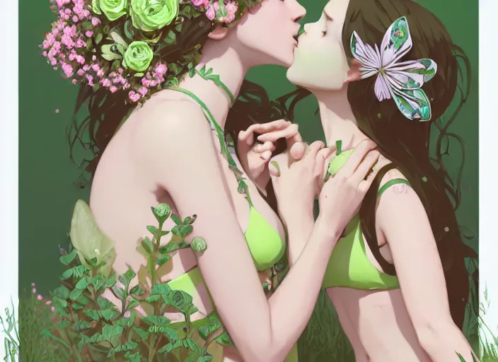 Image similar to two cute fairy girls kissing with crown of flowers in plants bikini covered with celtic rune tattoos, fantasy, by atey ghailan, by greg rutkowski, by greg tocchini, by james gilleard, by joe gb fenton, by in kaethe butcher, dynamic lighting, gradient light green, brown, blonde cream and white color in scheme, grunge aesthetic