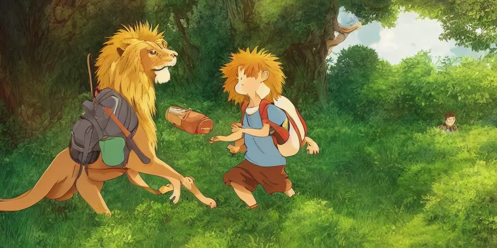 Prompt: a friendly lion and a young boy wearing a backpack, forest, studio ghibli style