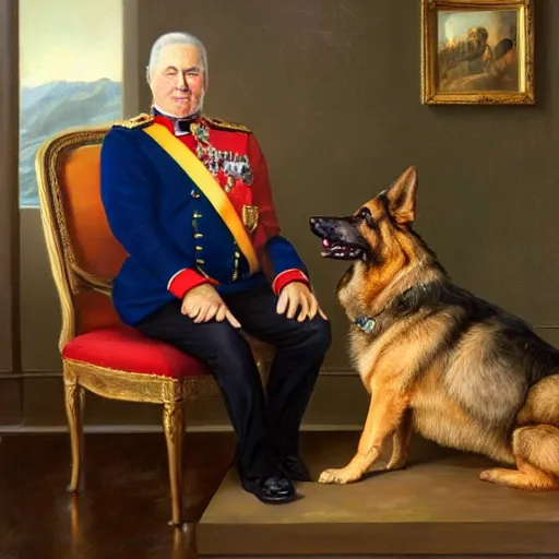 Prompt: an oil painting of a 6 4 years old man as the king of canada, and a german shepherd sitting on his legs