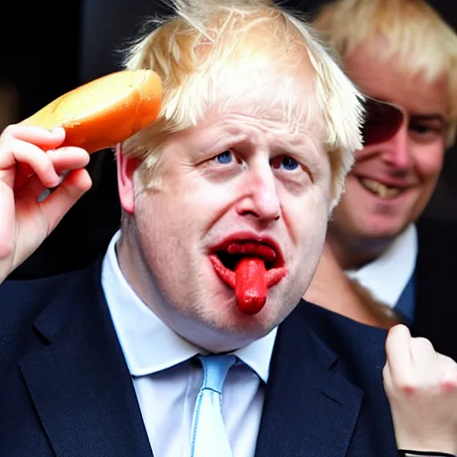 Image similar to boris johnson eating a hotdog mouth wide open, side profile