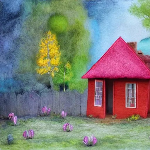 Prompt: small wooden house in the middle of spring forest, bright colours, watercolor, volumetric wool felting, macro photography, children illustration, by lee madgwick