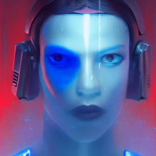 Prompt: A portrait of a blue woman, hairstyle white afro, techwear, cyberpunk, sith, star wars art, red light, art by greg rutkowski, matte painting, trending on artstation