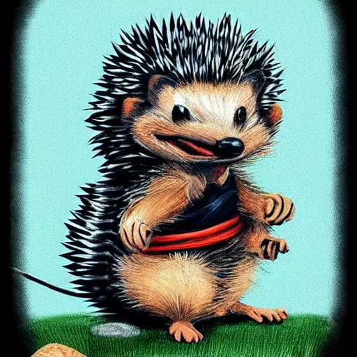 Prompt: a gangster hedgehog ready for a fight with a slippery snake