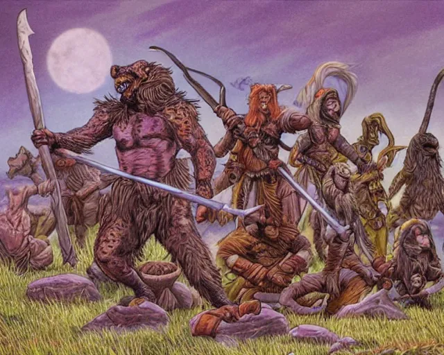 Image similar to Fantasy illustration by Larry Elmore - The pack of kobolds is crouched in a circle. They are snivelling canid humanoids, with scales of rust, and they carry spears. Their leader, a matronly female with numerous tattoos, kneels in the center of the circle and gathers the pulsing purple moss. She has a spear, but it lies across her lap.