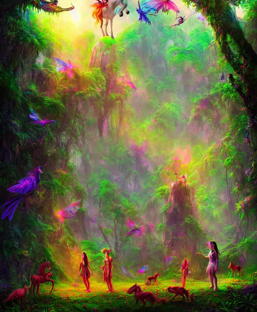 Prompt: fairy tell story of jungle, unicorns standing on ground, psychedelic colorful birds sitting on trees, concept art, digital painting, cinematic lightening, people are wearing masks, wide angle shot, in the style of greg rutwoski, very hyper realistic, highly detailed, fantasy art station