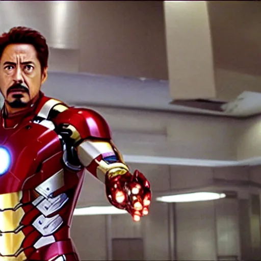 Prompt: movie still of tony stark in iron man 2008 drinking soda