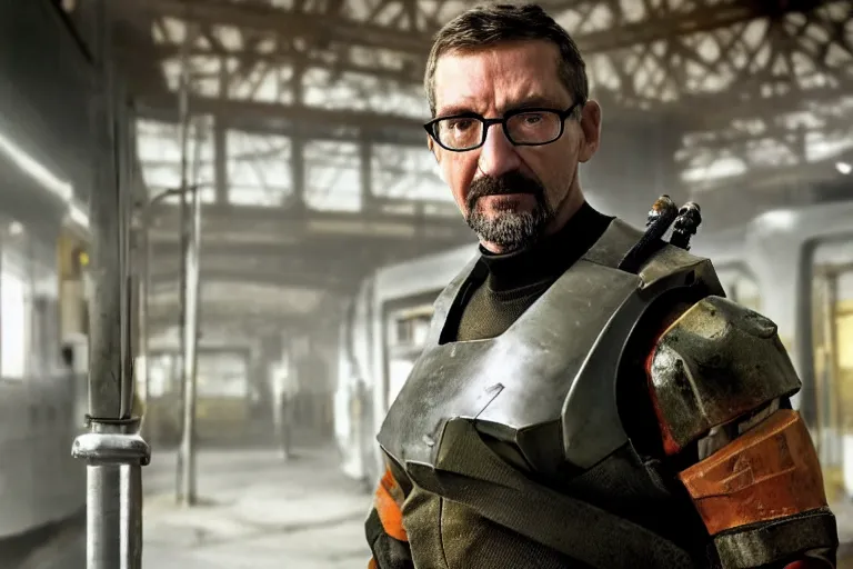 Image similar to vfx movie closeup real life gordon freeman holding wearing futuristic armor, half life logo on chest, crowbar in russian train yard by emmanuel lubezki