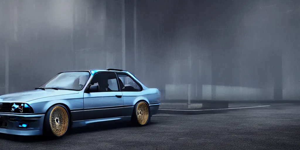 Image similar to a design of a bmw e30, designed by Polestar, blade runner background, iridescent blue car paint, wrapped in gold lead, black windows, dramatic lighting, hyper realistic render, depth of field, 8k, rendered in octane