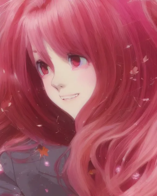 Image similar to happy teenage girl side face with pink curly pastel hair .Many single strips of hair floating in the air. Bright big eyes. Fine particles of red leaves.，cute, anime wallpaper，Sunlight on the face.by Krenz Cushart, Ian McQue, Ilya Kuvshinov, CloverWorks.vivid color.Shining highlights