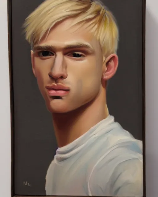 Image similar to little awkward cute blond man who is awkward and is also awkward, masculine features, cute face, thin, strong jawline, very detailed oil painting, oil on canvas