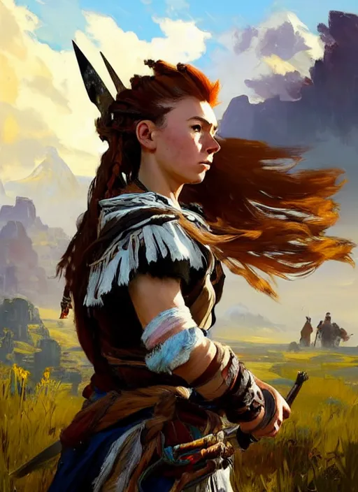 Prompt: portrait of a european Aloy from Horizon Zero Dawn in the style of Assassins Creed, countryside, calm, fantasy character portrait, dynamic pose, above view, sunny day, thunder clouds in the sky, artwork by Jeremy Lipkin and Giuseppe Dangelico Pino and Michael Garmash and Rob Rey and Greg Manchess, very coherent asymmetrical artwork, sharp edges, perfect face, simple form, 100mm
