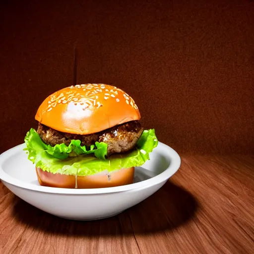 Image similar to a juicy hamburger swimming in a bowl of coca cola, 8 k resolution, studio lighting, sharp focus, professional food photography, hyper - detailed