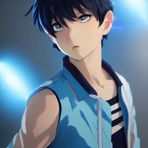 Image similar to very cool anime boy, short silver hair, azure blue watery eyes, full round face, seductive glances, wearing River City Ransom suit, lens flare, cinematic lighting, medium shot, mid-shot, highly realistically detailed, trending on pixiv, Unreal Engine 4k, Stanley Artgerm Lau, WLOP, Rossdraws, James Jean, Marc Simonetti