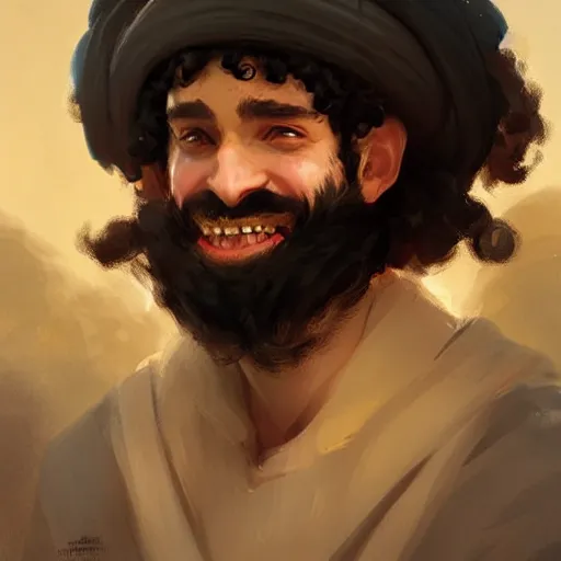 Image similar to a happy merchant jew wearing kippah!!!, black curly beard, black curly hair, hooked nose, by greg rutkowski, artstation, by artgerm, by wlop