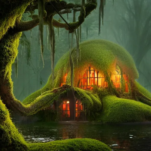 Prompt: beautiful organic macro photography of moss with alien fungus house made of imaginary plants in a swamp, architectural render, vegetal architecture, junglepunk, hyper detailed, warm volumetric lights, made by Gerald Brom and Mike Winkelmann.