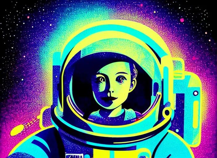 Image similar to portrait of a young astronaut girl on a spacewalk, colorful, modern art deco, mads berg, karolis strautniekas, stippled light, fine texture, editorial illustration, dramatic lighting, dynamic composition, detailed, matte print