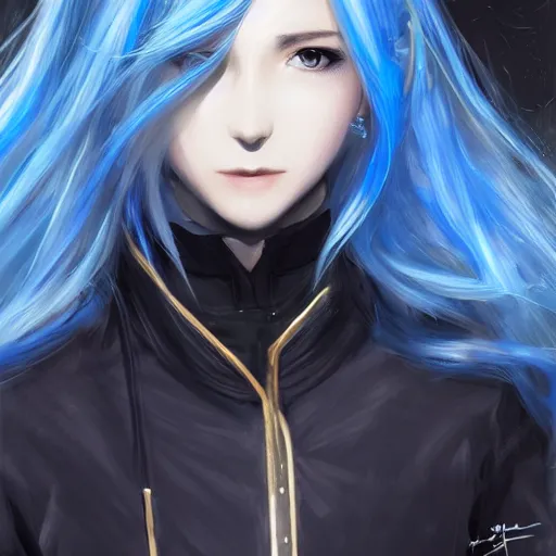 Prompt: side profile of rimuru tempest with sky blue hair, long hair, sharp face, gold eyes, high collar, black jacket | shiny, highly detailed, rain, professional digital painting, concept art, award - winning photography, cinematic, wlop | art by pixiv art, yoshitaka amano, deviantart