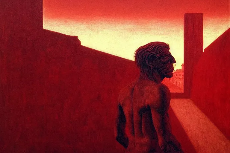 Image similar to only with red, caesar after war, a red tiger, in hoc signo vinces, rome in background, an ancient path, in the style of beksinski, part by hopper, part by rodcenko, part by hofbauer, intricate composition, red by caravaggio, insanely quality, highly detailed, masterpiece, red light, artstation