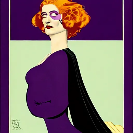 Image similar to Eva Green is Metamorpho, the Element Woman, Art by Coles Phillips and Joshua Middleton, Chalk white skin, deep purple hair, Green eyes, Orange background, Mucha, Portrait of the actress, Eva Green as Metamorpho, carbon black and antique gold