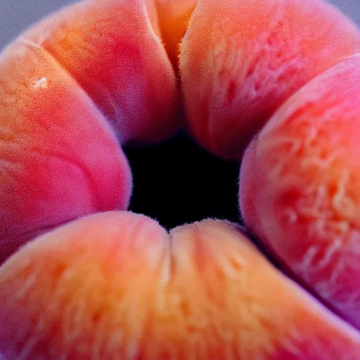 Image similar to a macro photo of a round peach's dry hairy skin, hyper realistic, hyper detailed, 35mm, very grainy film, pink volumetric studio lighting, bokeh, black background award winning shot, vogue magazine, cinematic, 8k, very closeup, elegant, tender, pastel