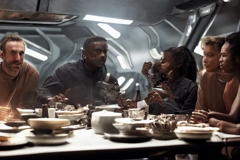 Image similar to movie closeup diverse interracial small team of American sci-fi futuristic space explorers talking at the table in a spaceship kitchen, beautiful skin, Symmetrical faces. Beautiful lighting by Emmanuel Lubezki