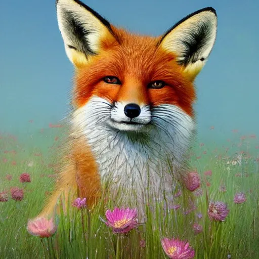 Image similar to a portrait of a cute fox in a field of beautiful flowers, by stanley lau and greg rutkowski