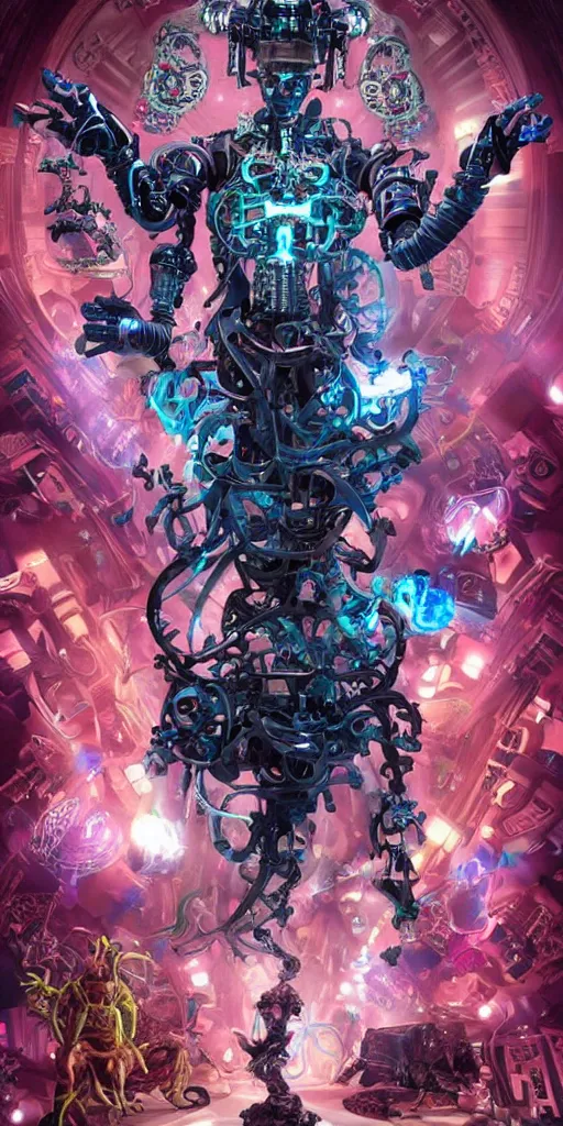 Image similar to full-body rococo and cyberpunk style sculpture of a young seductive Latino prince half android with a chest exposing circuitry, glowing pink seductive laser eyes, crown of blue gears and diamonds, swirling salmon-colored silk fabric, robotic raptors dinosaurs. baroque elements. full-length view. intricate artwork by caravaggio. art by Artgerm and Greg Rutkowski and Alphonse Mucha, Trending on artstation, cinematic industrial lighting, hyper realism, octane render, 8k, depth of field, 3D