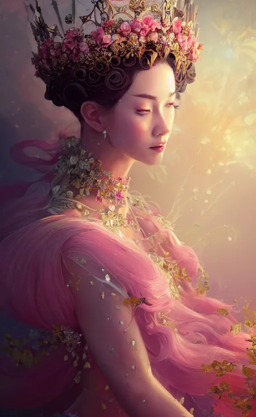 Image similar to A beautiful fantasy empress, highly detailed full body, breathtaking flower tiara, gorgeous aristocrat robe, beautiful figure, epic composition, ultra wide-shot, dynamic pose, concept art, beautifully lit, digital painting, smooth, character design, sharp focus, elegant, intricate, artstation, by WLOP and James Jean and Victo Ngai and Ryohei Hase