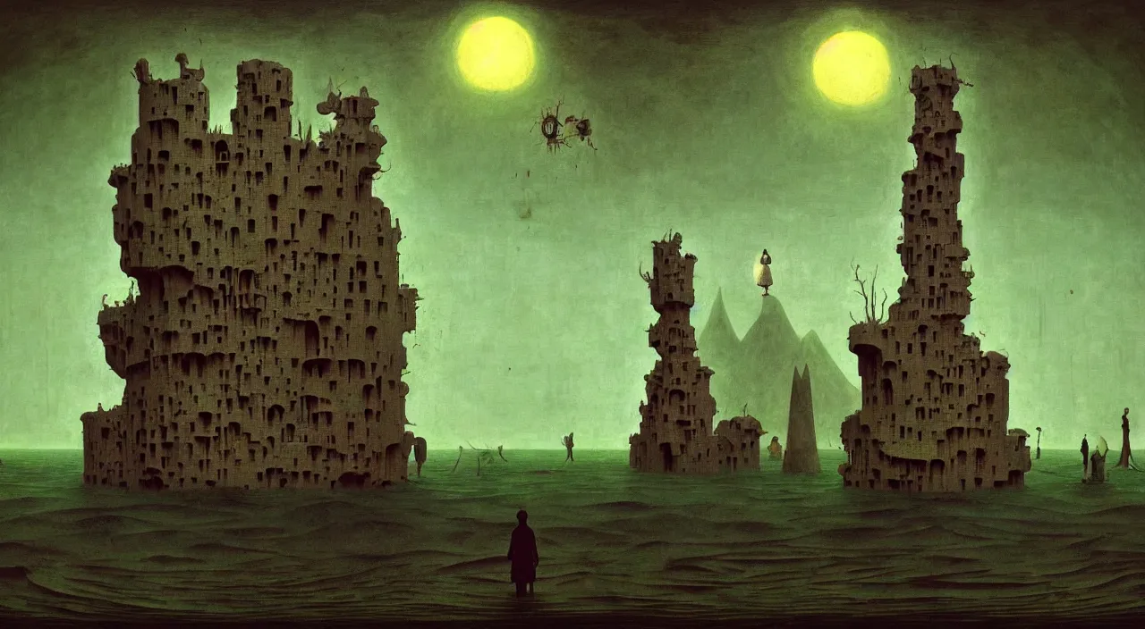 Image similar to single flooded simple!! clay hive tower anatomy, very coherent and colorful high contrast masterpiece by franz sedlacek hieronymus bosch dean ellis simon stalenhag rene magritte gediminas pranckevicius, dark shadows, sunny day, hard lighting