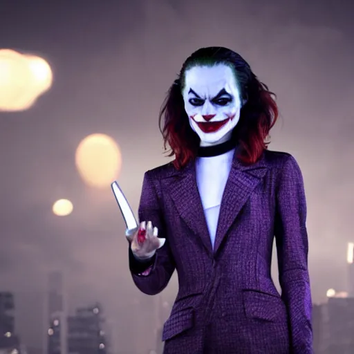 Image similar to Emma Stone as (The Joker) stunning awe inspiring beautiful 8k hdr colorful lighting